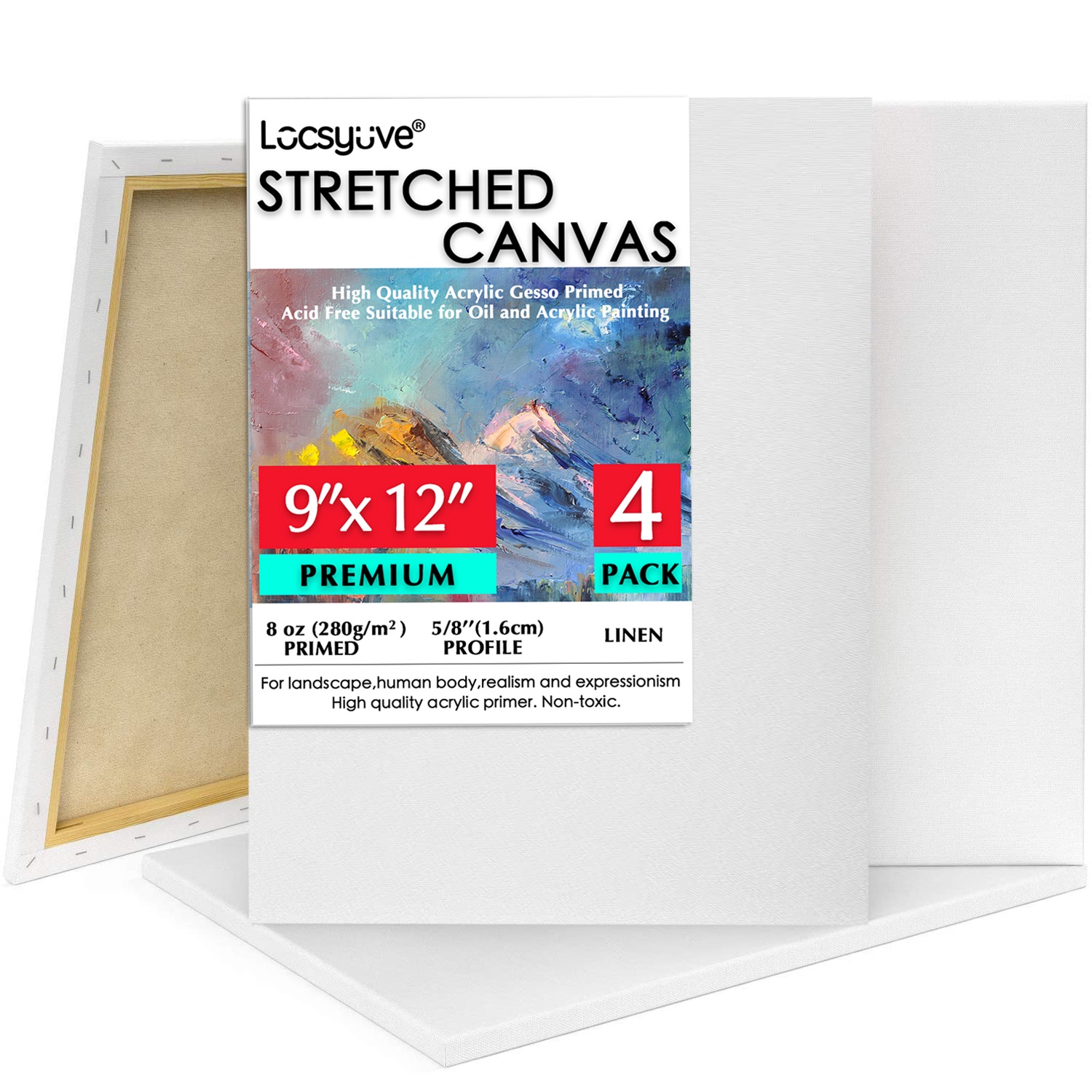 Locsyuve 흰색 빈 리넨 뻗어 캔버스 아티스트 페인팅, 9x12 인치, 팩 4, 5/8 인치 트리플 오일 및 아크릴 페인트에 대한 Primed